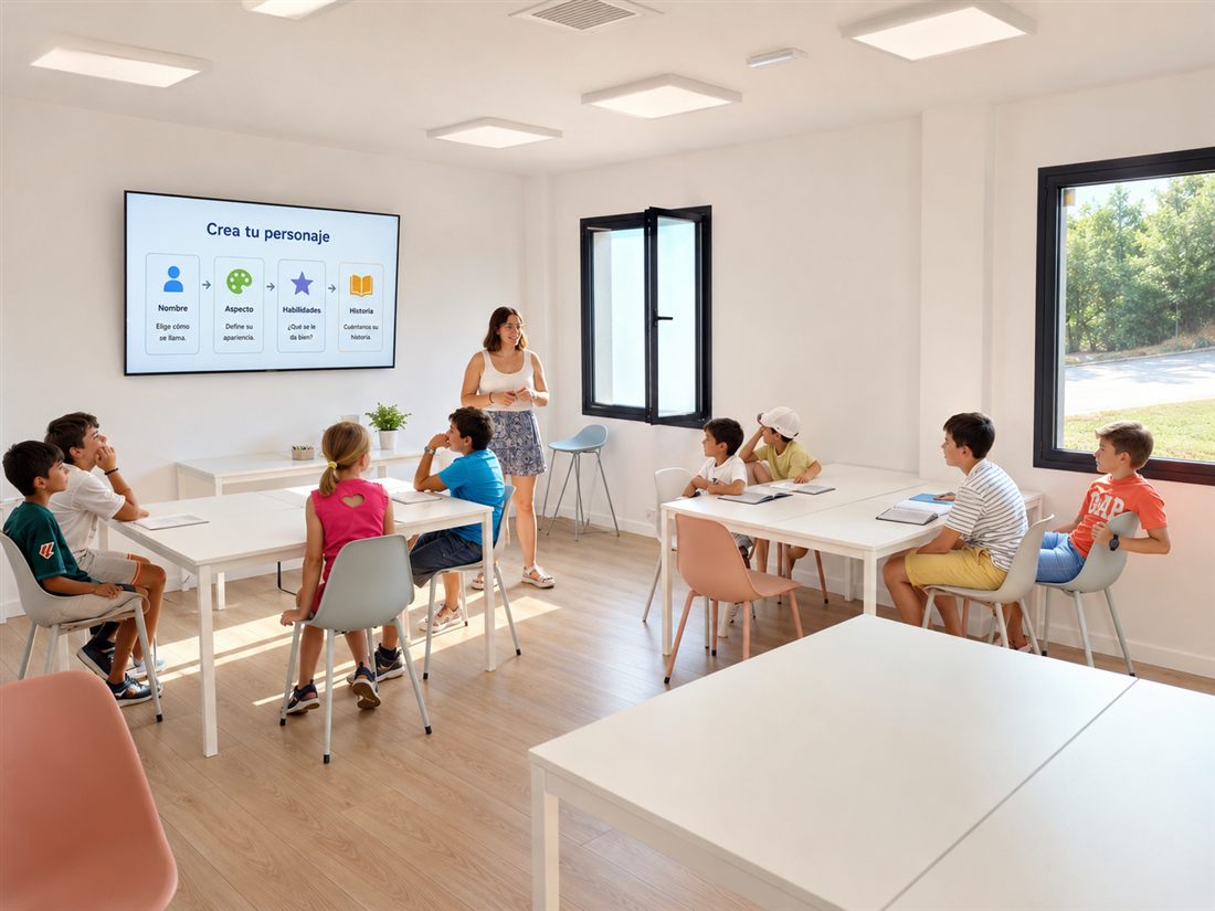 Niños y niñas creando su propio personaje en una clase de CREATICS en Valladolid