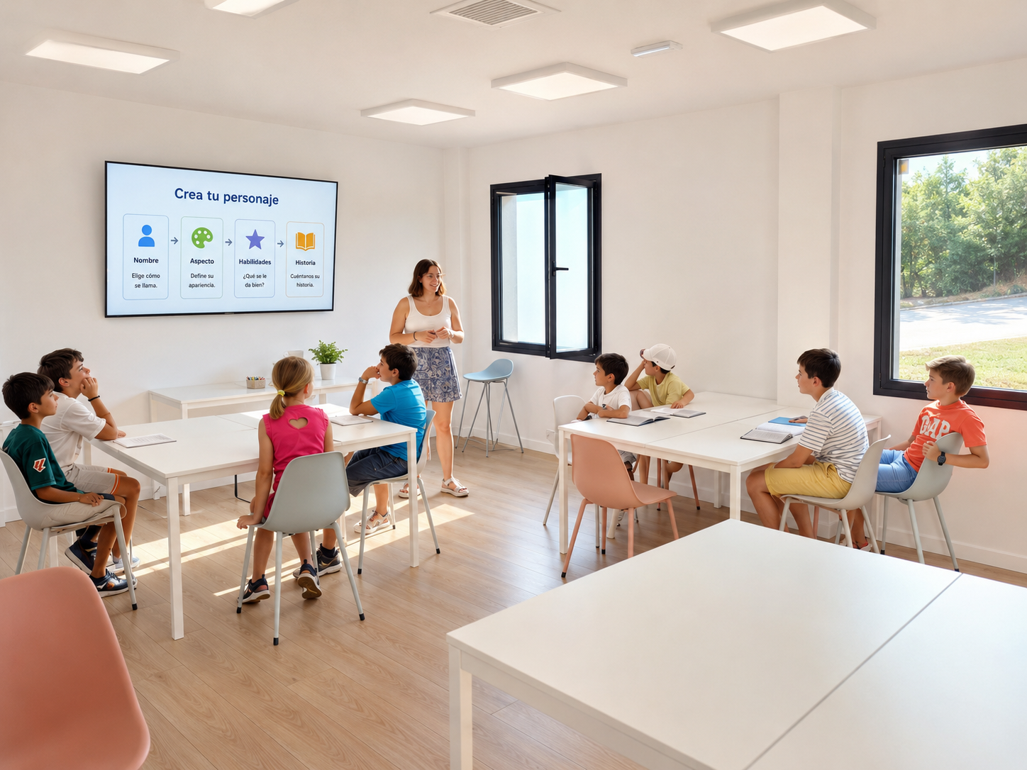 Niños y niñas creando su propio personaje en una clase de CREATICS