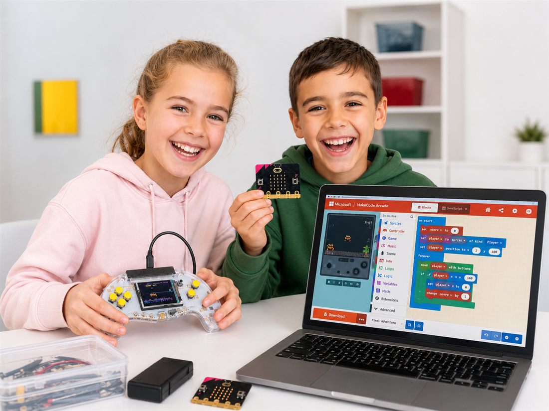 Dos niños sonriendo con una micro:bit y un mando arcade hecho por ellos